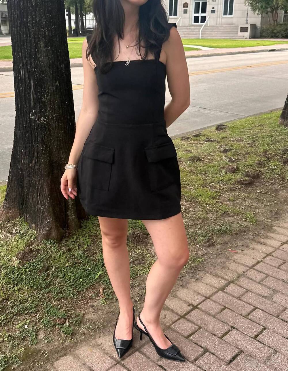 NEW SKY TO MOON square neck plain mini dress in black